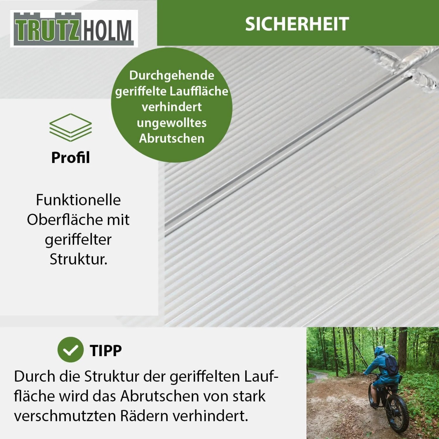 Geriffelte Aluminium-Lauffläche der TRUTZHOLM Auffahrrampe für sicheren, rutschfesten Halt von Motorrädern und Quads.