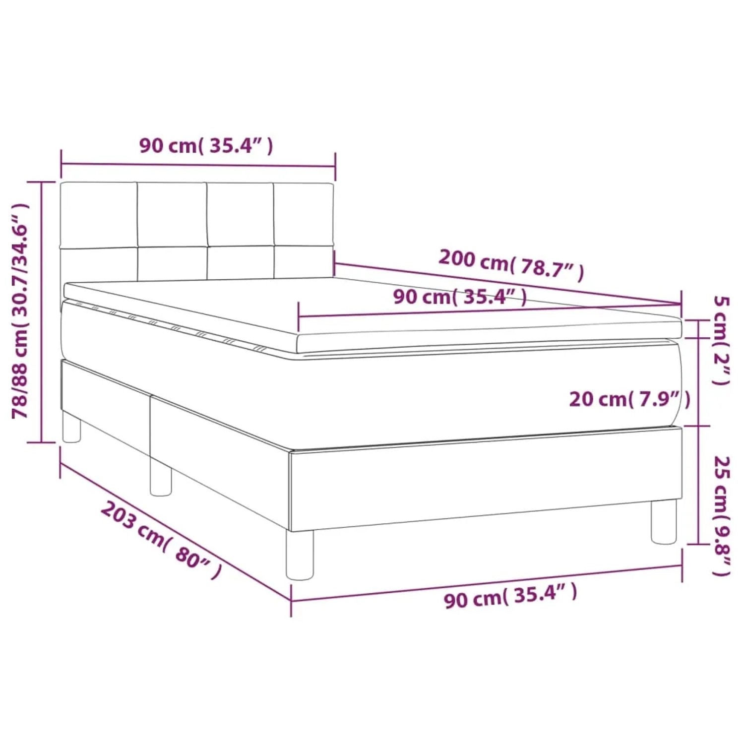 vidaXL Boxspringbett dunkelbraun, 90x200 cm, Stoff. Bett mit Matratze, Topper und Kopfteil. Schemazeichnung mit Maßen.