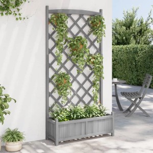 Grauer vidaXL Pflanzkübel mit Spalier aus Tannenholz für Kletterpflanzen im Garten.