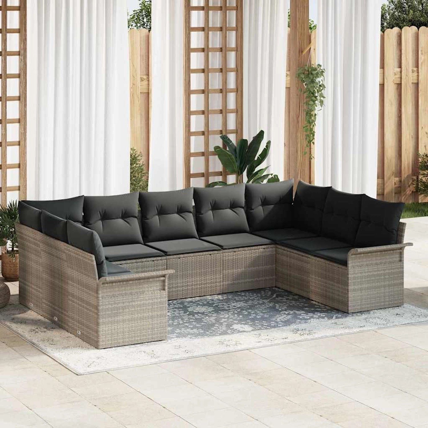 Hellgraues 9-teiliges vidaXL Garten-Sofa-Set aus Poly Rattan mit Kissen.