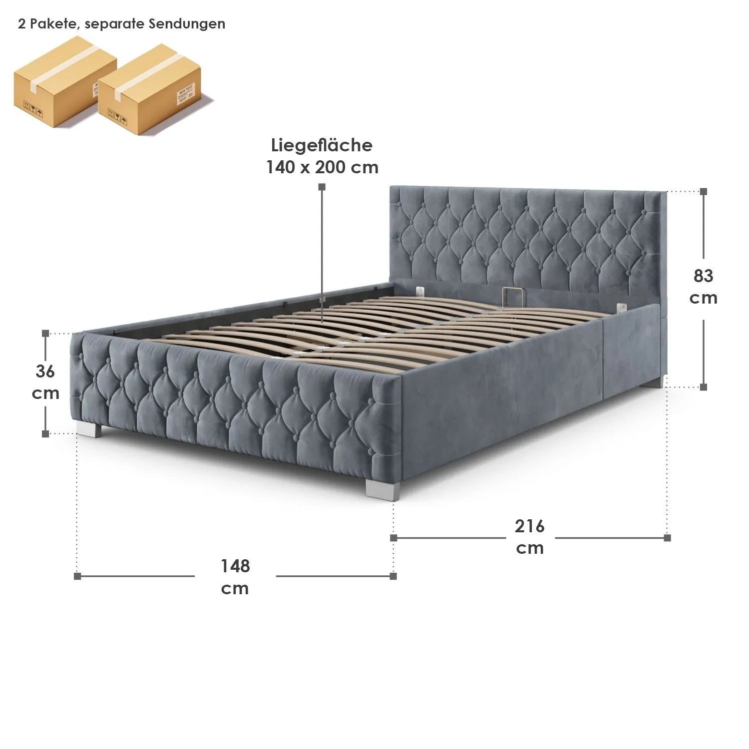 Juskys Polsterbett Nizza 140 x 200 cm mit Bettkasten & LED Beleuchtung in Dunkelgrau_10