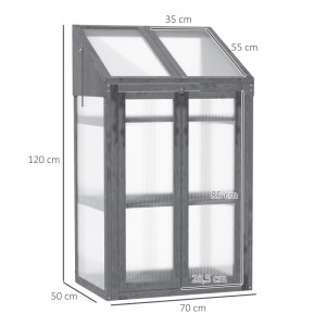 Outsunny Gewächshaus aus Tannenholz, grau, mit Regalen und transparenten Polycarbonat-Platten.