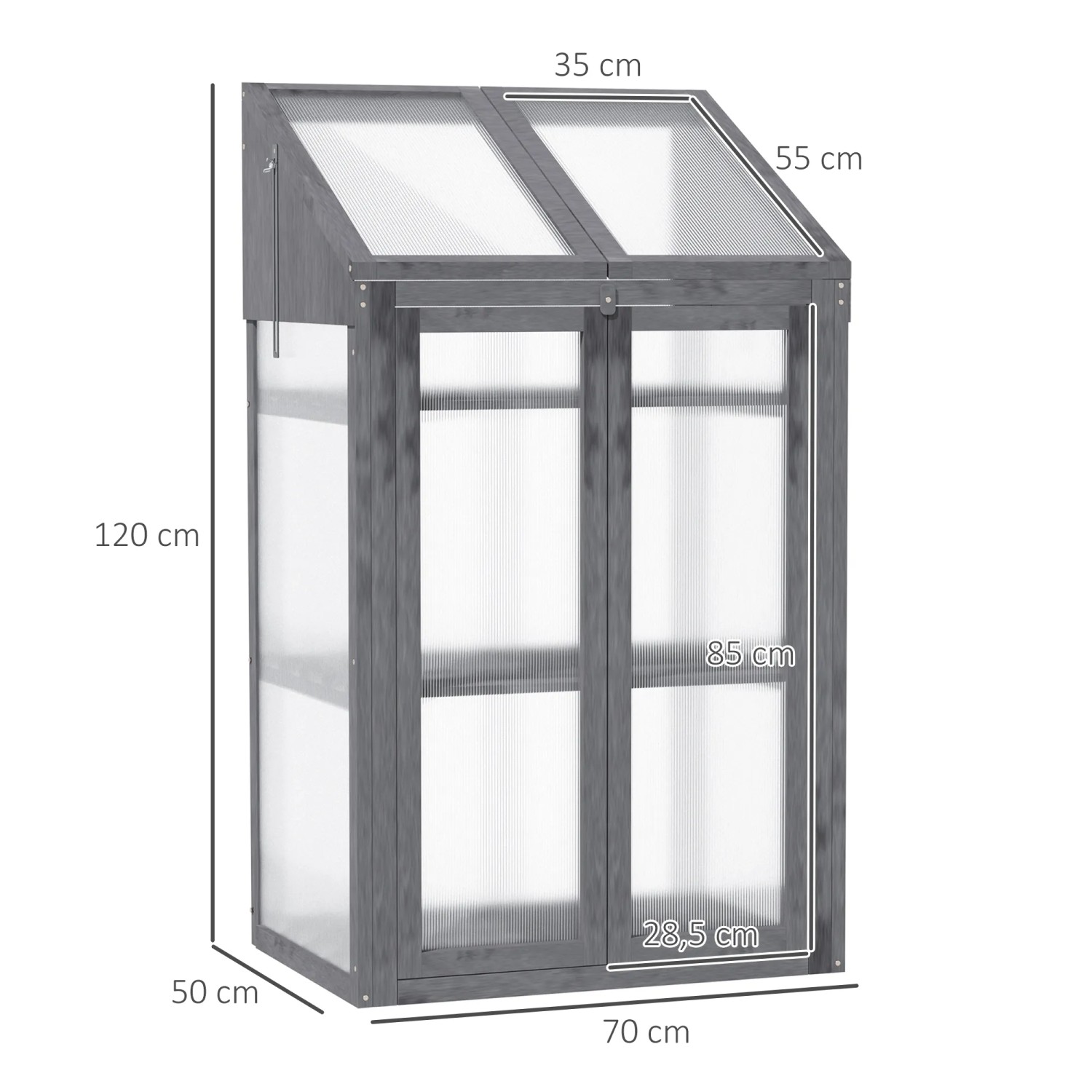 Outsunny Gewächshaus aus Tannenholz, grau, mit Regalen und transparenten Polycarbonat-Platten.
