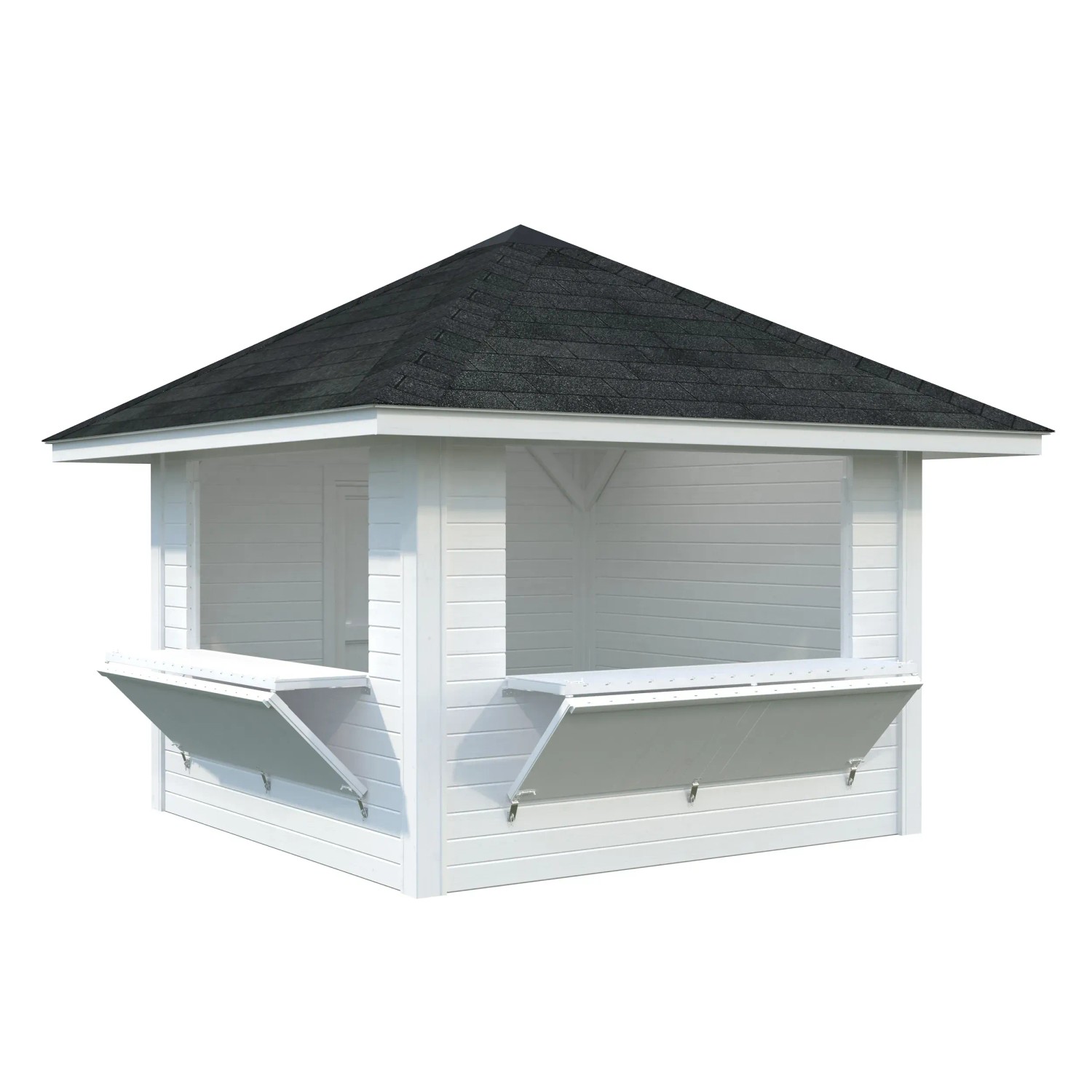 Palmako Marktstand Bianca Set, 300x300 cm, weiß lackiert. Weekendhaus mit Verkaufsklappen.