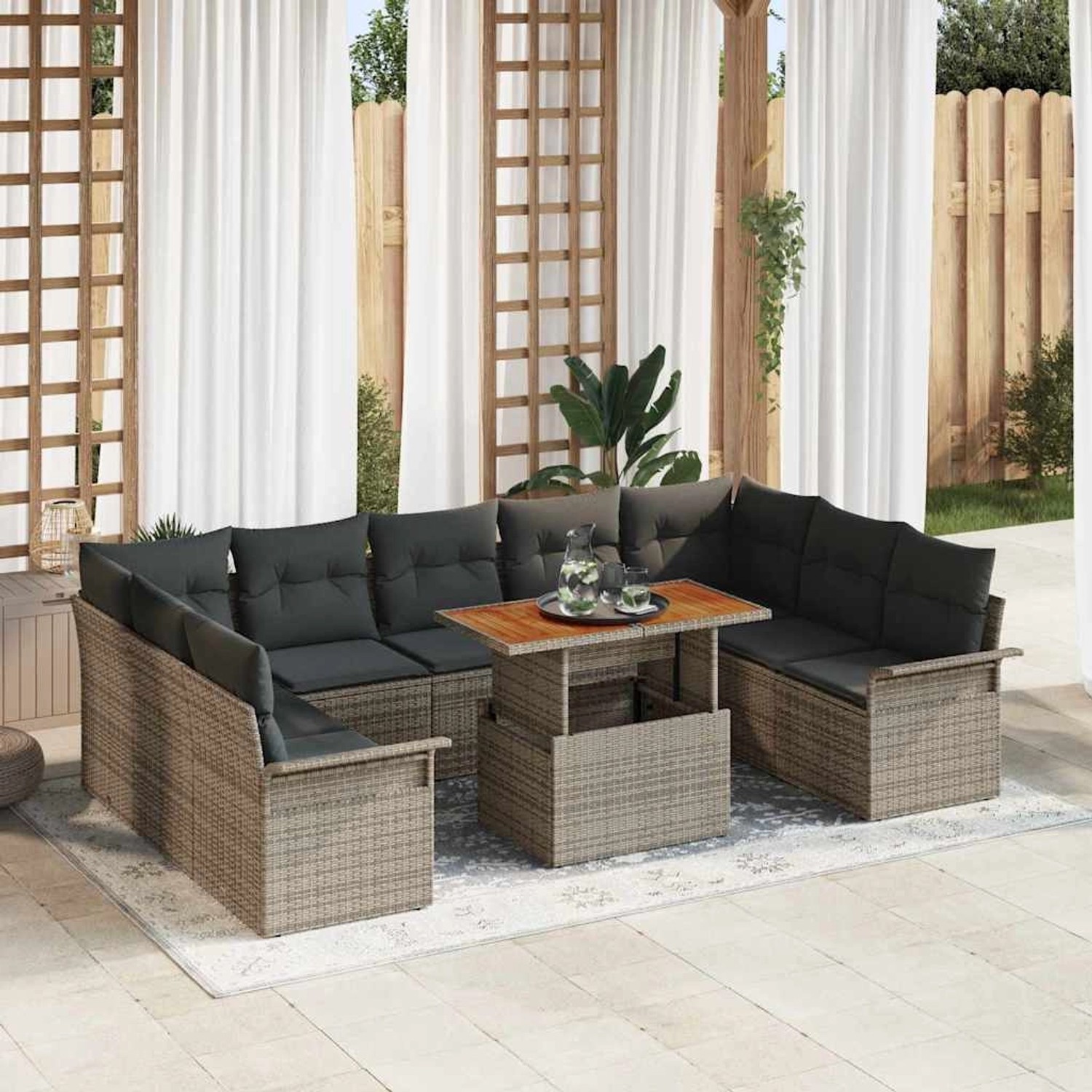 Graues 10-tlg. vidaXL Garten-Sofa-Set mit Stauraum aus Poly Rattan, inklusive Tisch.