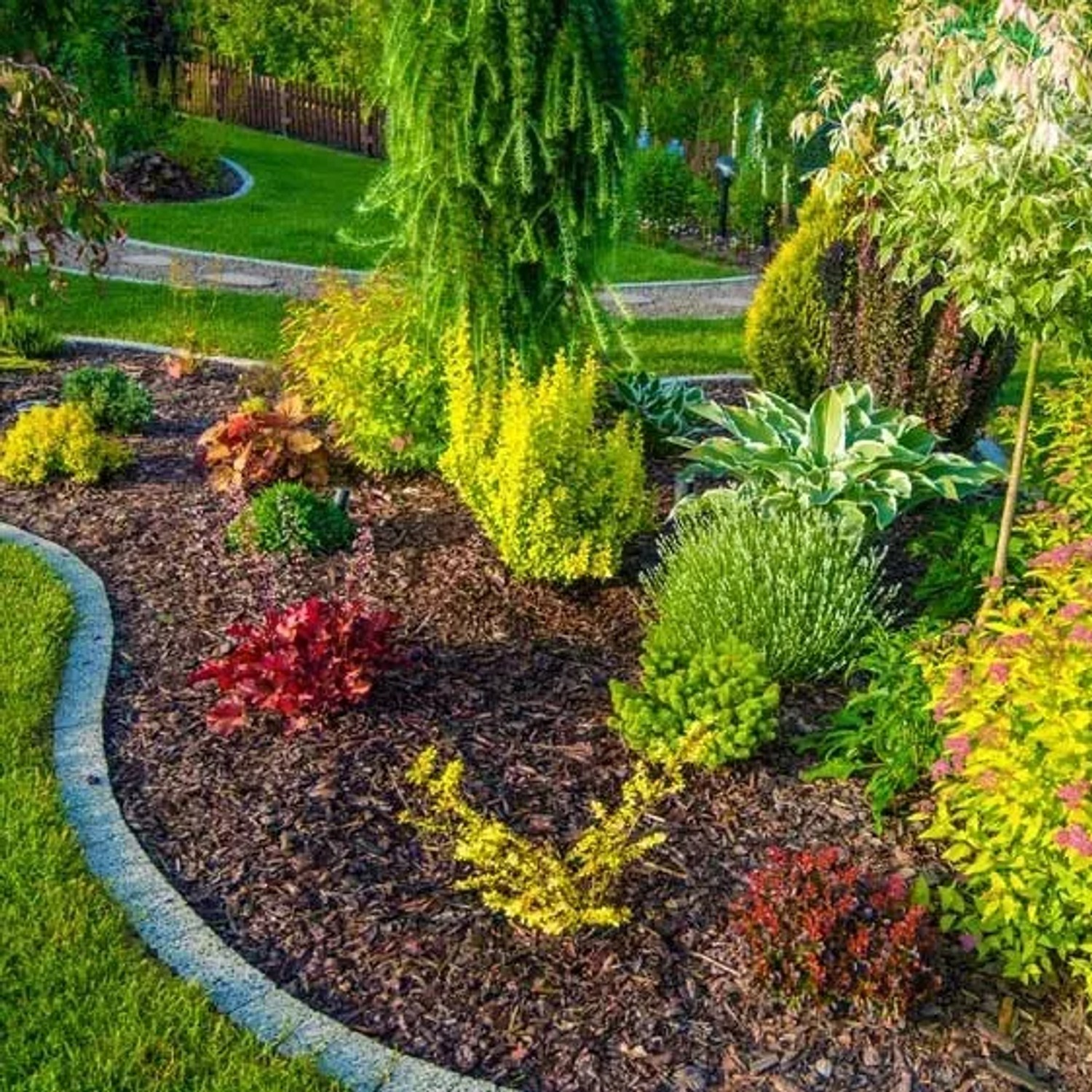Beispielhafte Gartengestaltung mit feiner Kiefernrinde als Mulch.