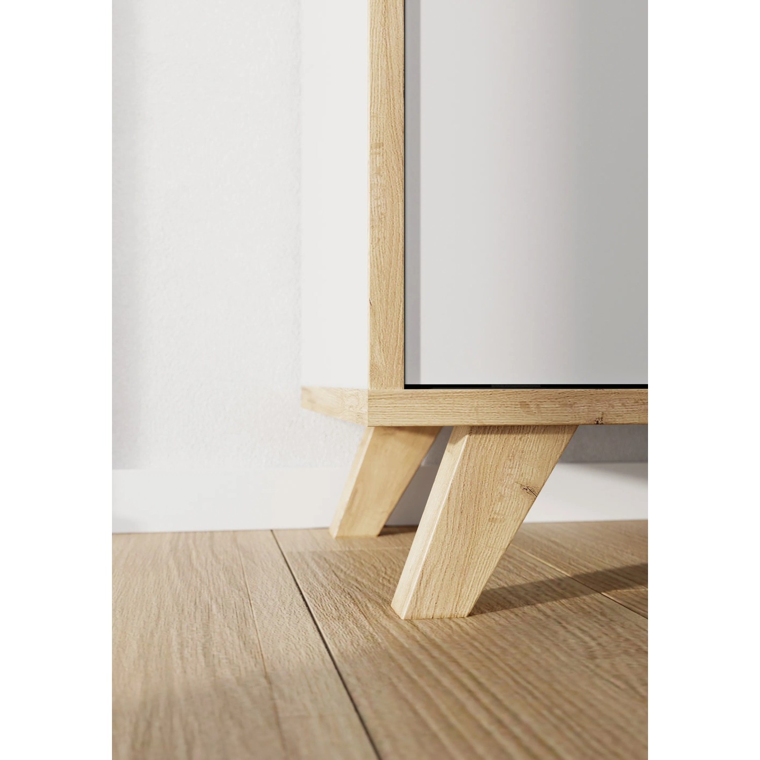 Detailaufnahme: Weißes Germania Schiebetürregal mit Eiche-farbenen Füßen. Bürobedarf.