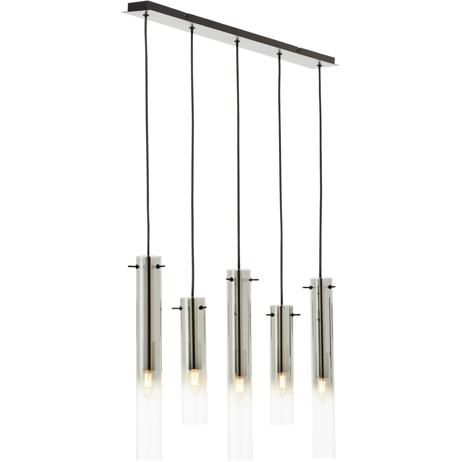 Moderne, 5-flammige Pendelleuchte Glasini in Schwarz Matt mit Rauchglas-Zylindern.