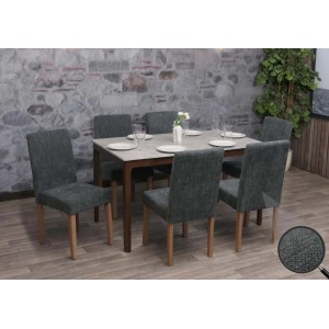6er-Set dunkelgraue Esszimmerstühle aus Chenille-Stoff mit naturfarbenen Holzbeinen.