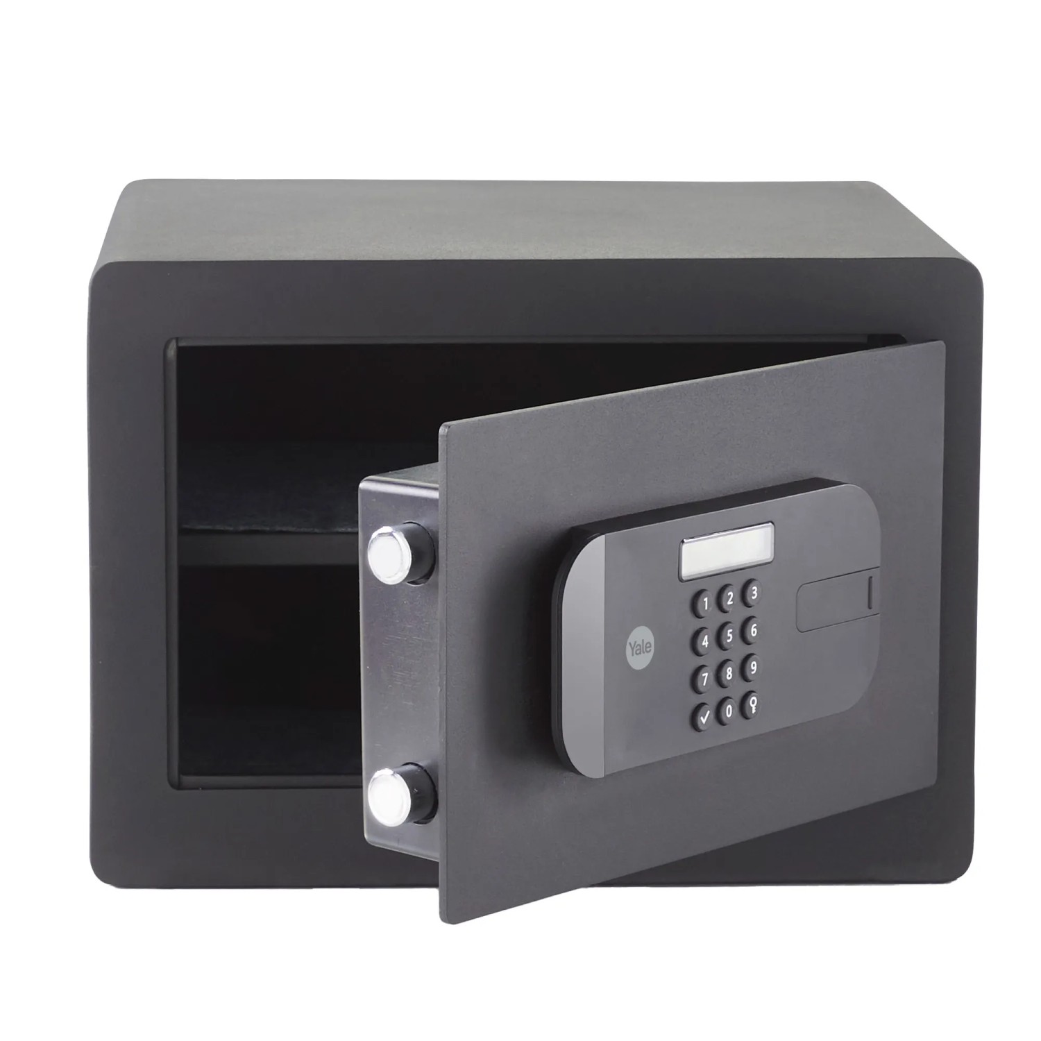 Offener, schwarzer Yale Tresor High Security Safe mit digitalem Codefeld und 20,5 l Volumen.