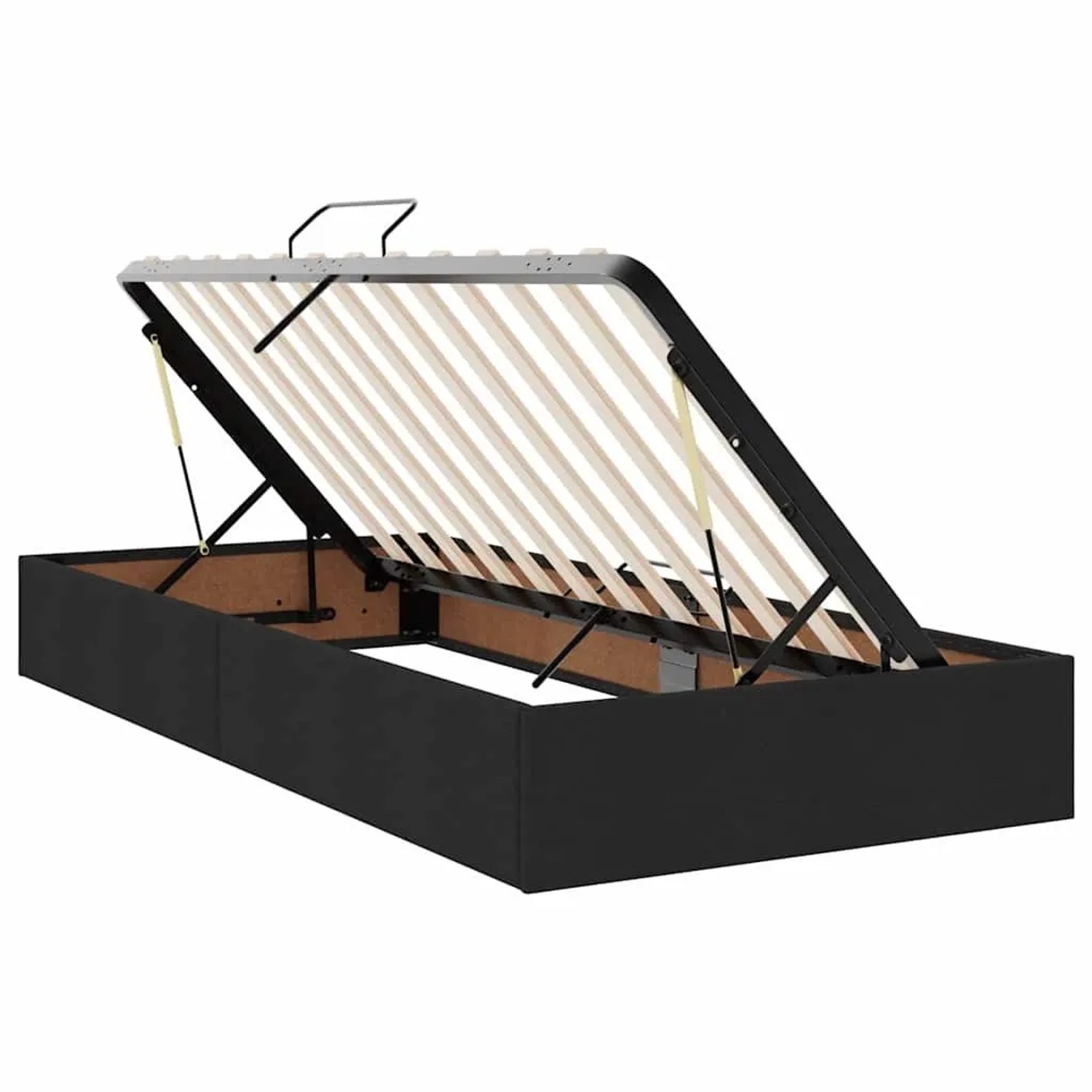 Schwarzes vidaXL Bett (200x200) mit LED und Stauraum, Stoffbezug. Bettrahmen geöffnet.