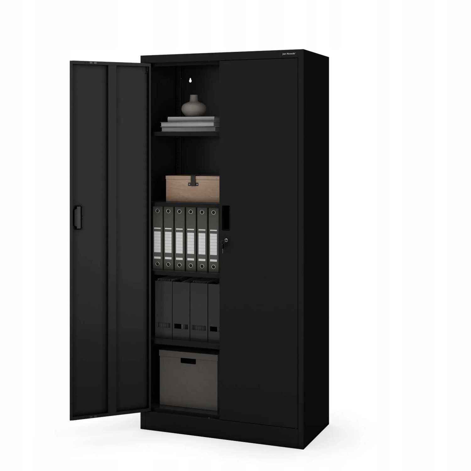 Jan Nowak Aktenschrank, Metallschrank Jan Compact schwarz mit 4 Böden und Zylinderschloss.