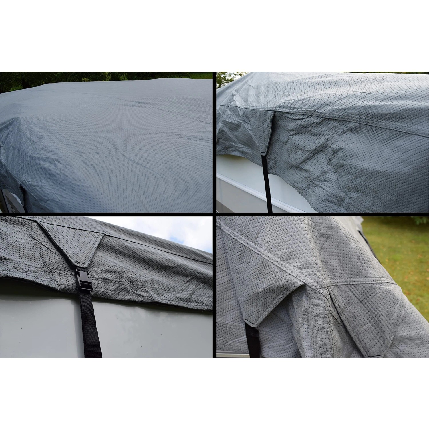Graue GreenYard Wohnwagen Schutzdach Details: Material, Befestigung und Passform des 850 cm Modells.