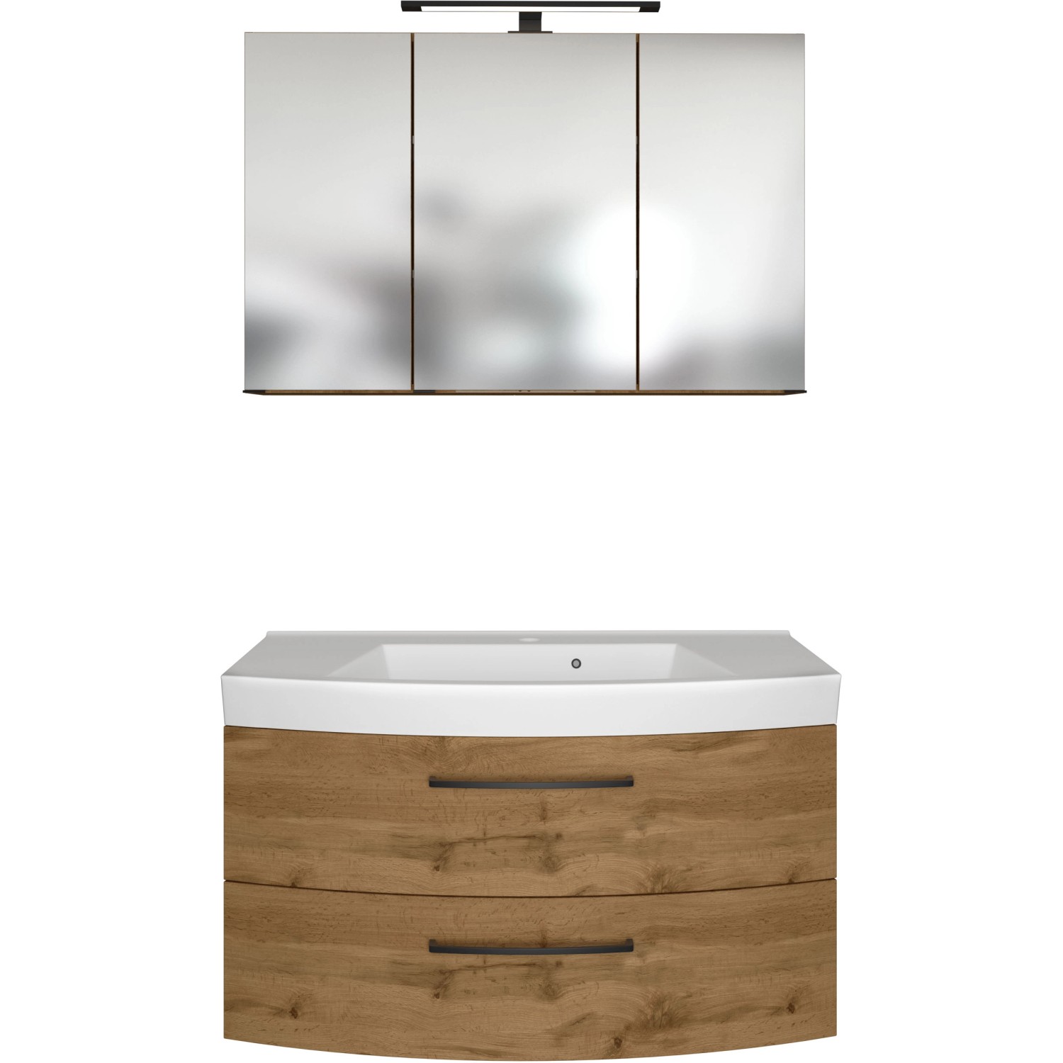 Held Möbel Waschtisch-Set Florenz, 100 cm, Wotaneiche mit Spiegelschrank und LED-Leuchte.