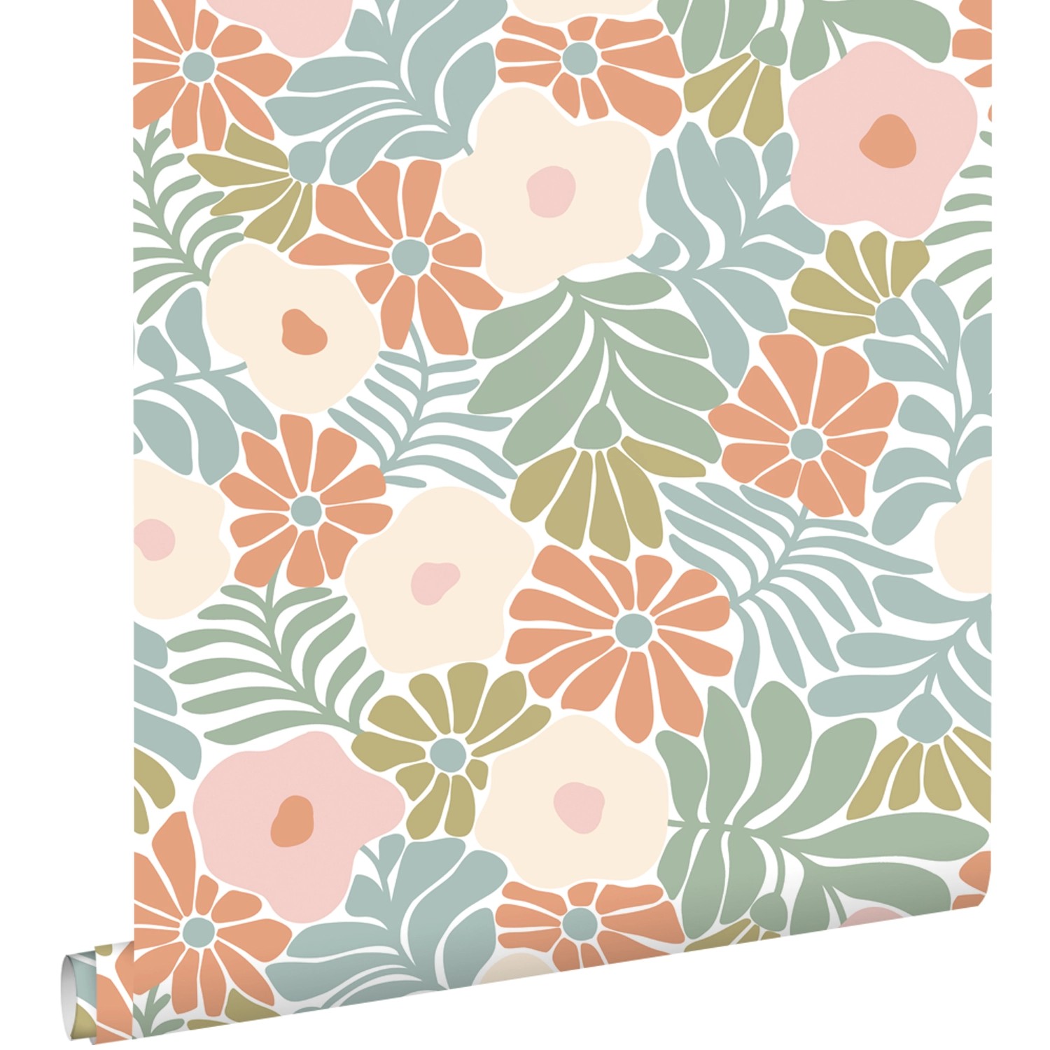 ESTAhome Tapete Blumen im Matisse-Stil Türkis Orange Olivgrün und Beige 50 günstig online kaufen