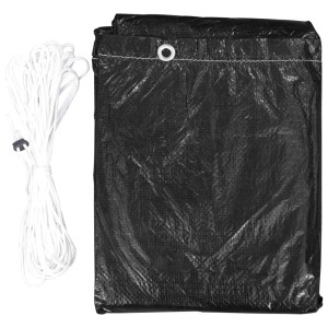 Schwarze vidaXL Gartenmöbel-Abdeckung aus PE mit Ösen und weißem Befestigungsseil, zusammengefaltet.