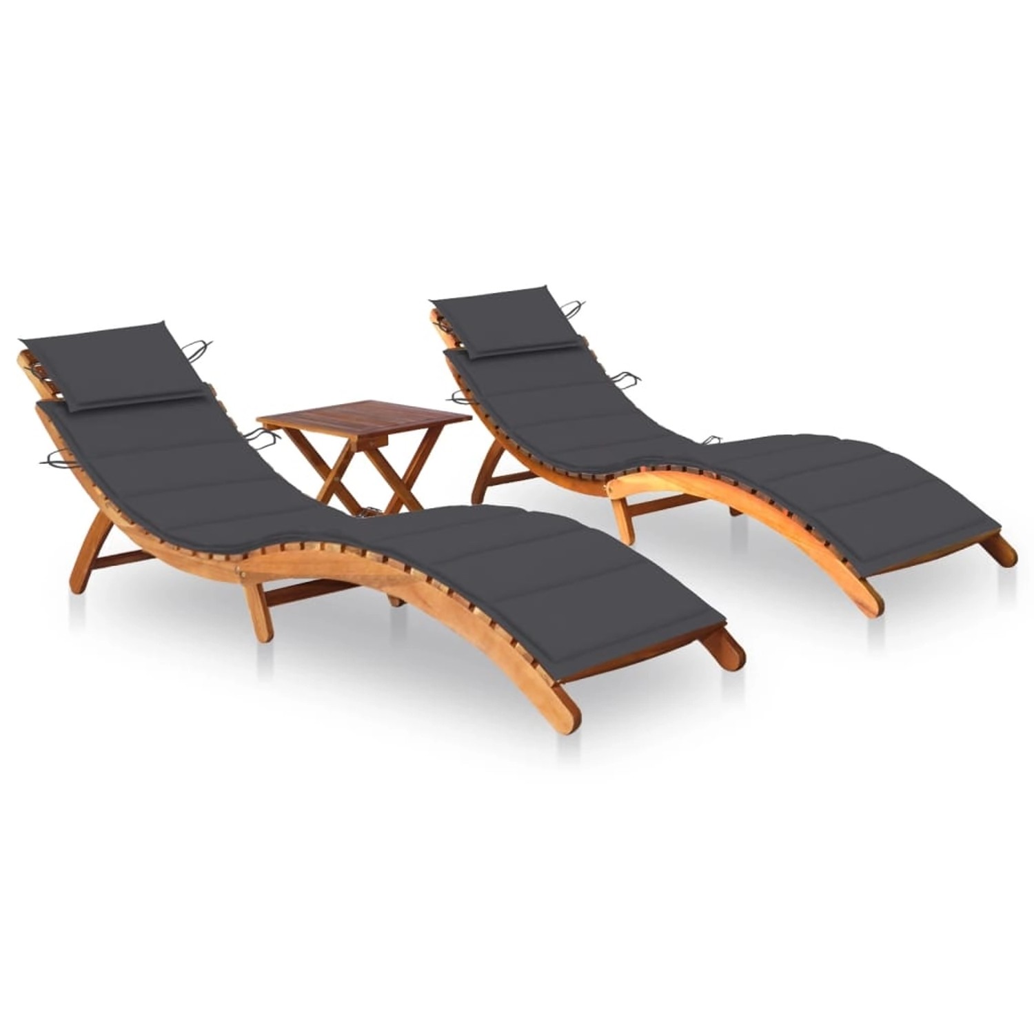 VidaXL Sonnenliegen 2 Stk. mit Tisch und Auflagen Kissen-Farbe  Anthrazit Massivholz Akazie