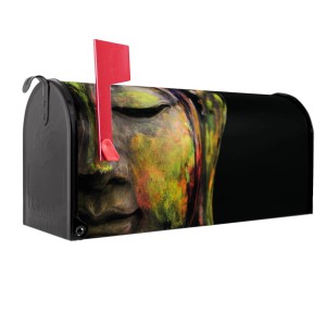 Schwarzer US Briefkasten mit buntem Buddha Motiv. Stahl, pulverbeschichtet, 48x22x16cm.