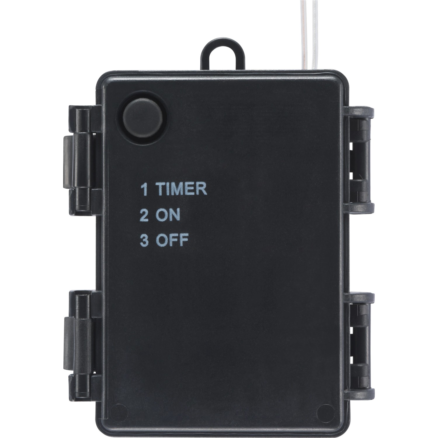 Detailaufnahme der Batteriebox des LED-Baums mit Timer-, Ein- und Ausschalter.