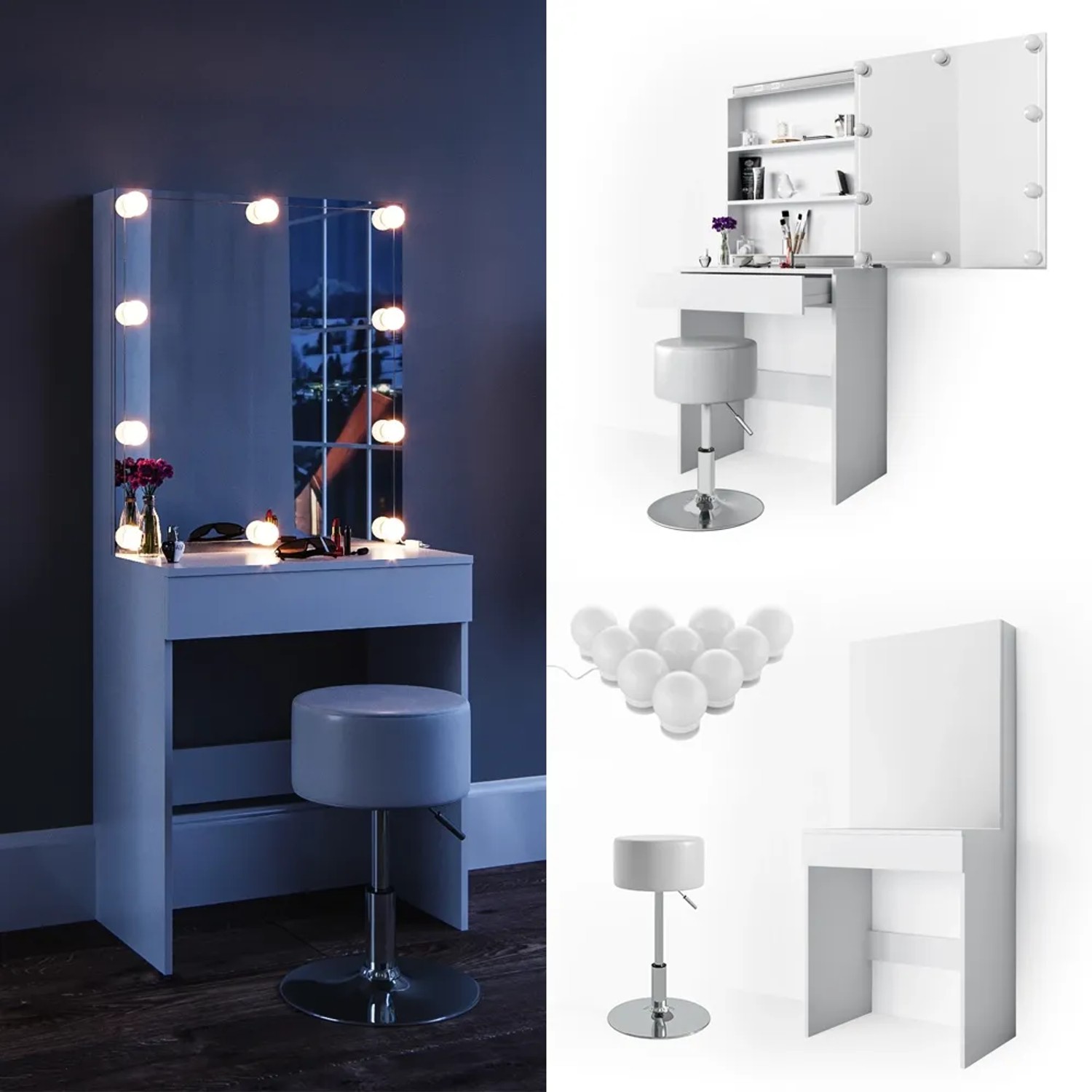 Weißer Vicco Schminktisch Melle (68 cm) mit LED und Hocker. Ideal für Make-up und Styling.