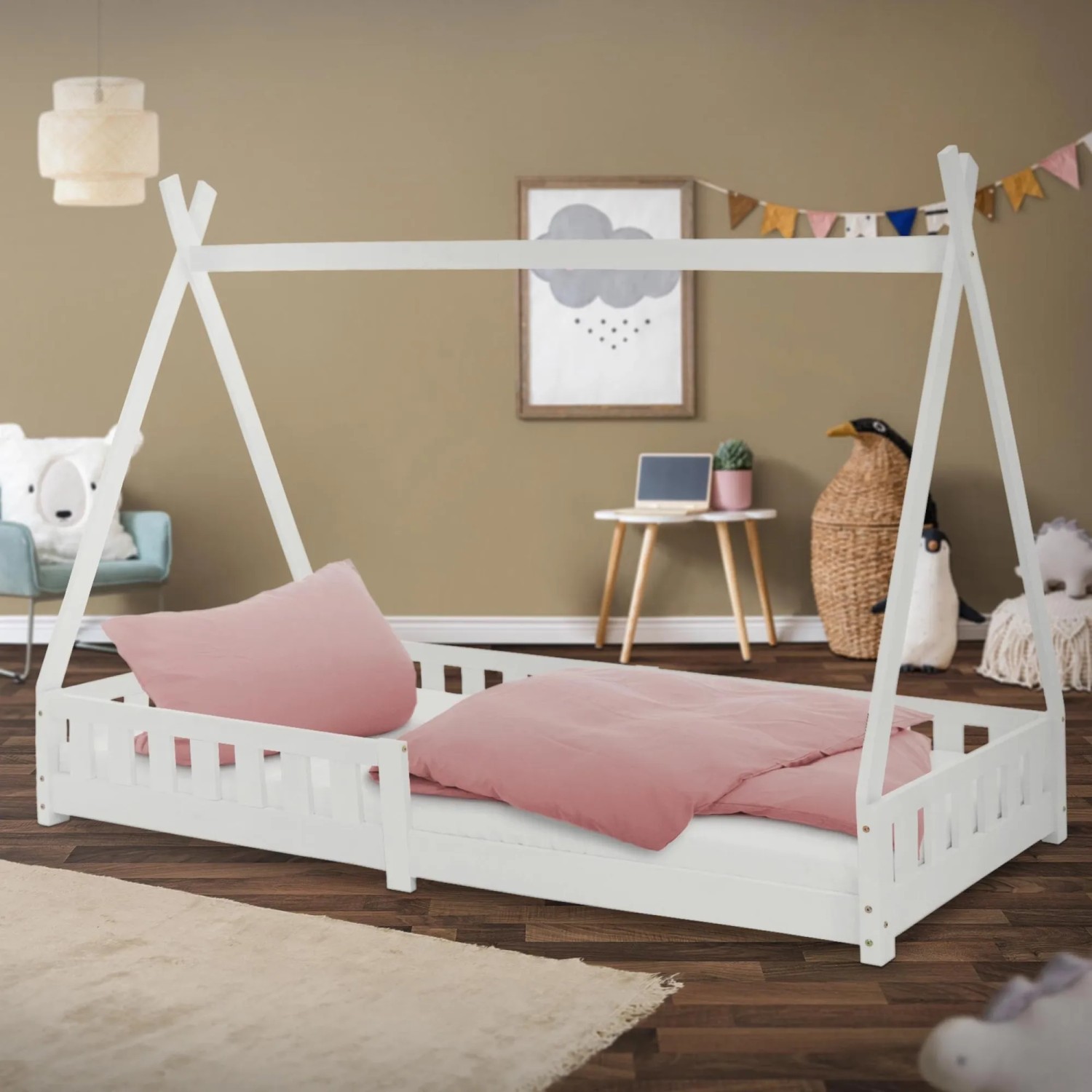 Weißes ML-Design Kinderbett Tipi 90x200 cm mit Rausfallschutz und Lattenrost.