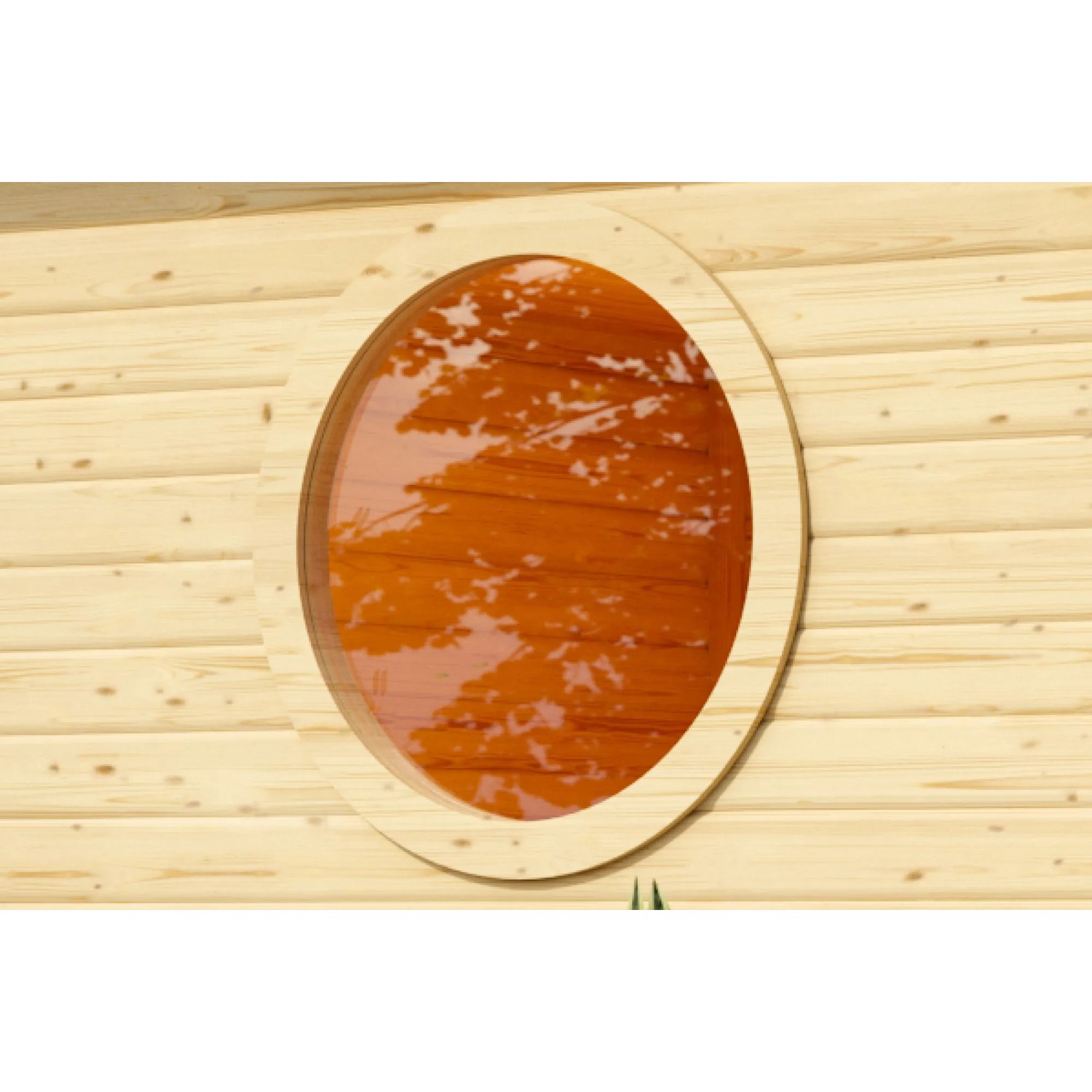 Rundes Karibu Saunafenster aus naturbelassenem Holz mit Klarglas für mehr Licht in der Sauna.