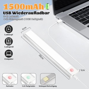 Weiße NETTLIFE LED Unterbauleuchte, 30cm, USB aufladbar am Laptop, mit Ladeanzeige und Klebepad. Dünnes Design.
