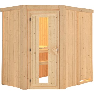 Karibu Sauna Silva Natur: Elementsauna aus Holz mit Glastür, Bänken und Ofenschutzgitter.