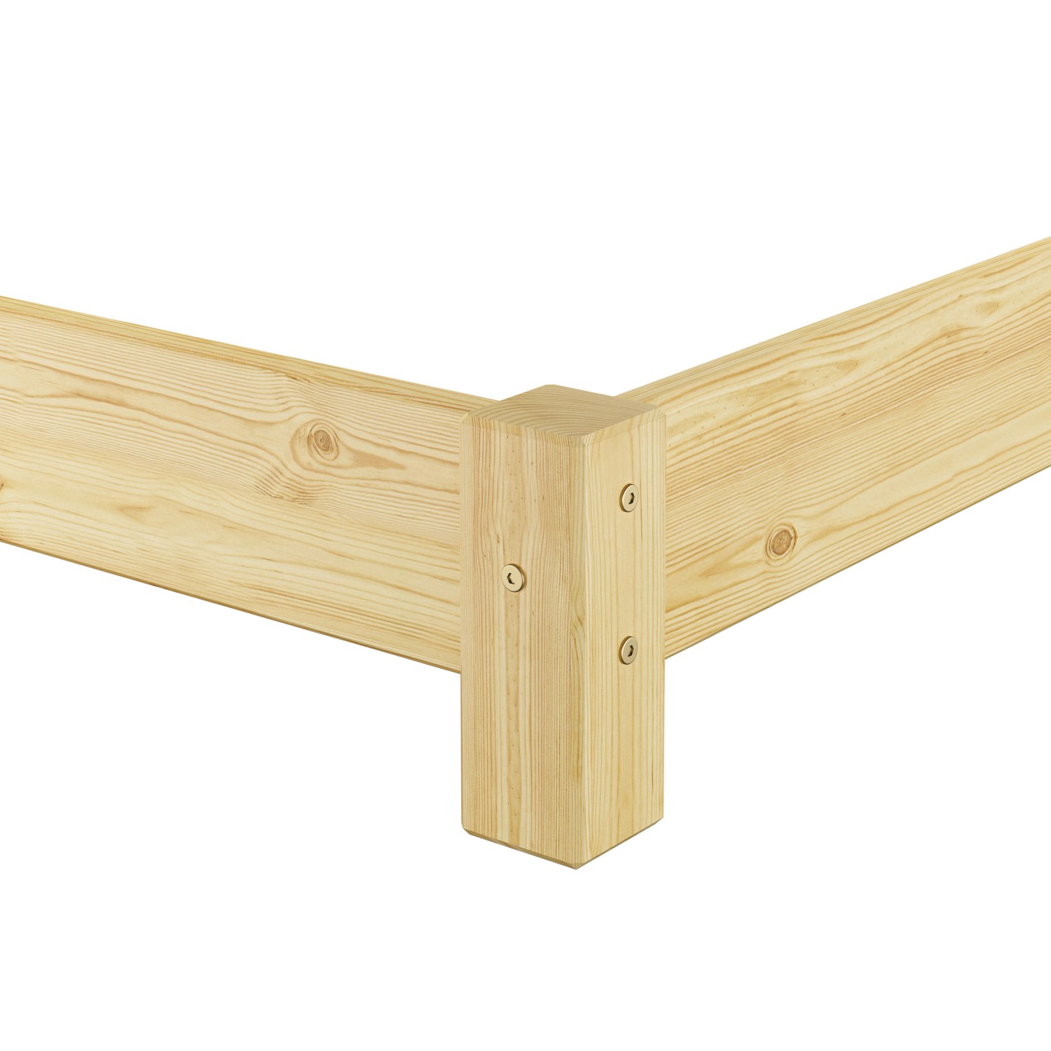 Detailansicht Kiefer Bett: Flaches Holzbett, Doppelbett 180x200, naturbelassenes Holz.