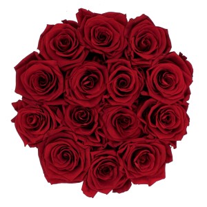 Rosenbox mit 14 bordeauxfarbenen Rosen und weißer Schleife, Durchmesser 19 cm.