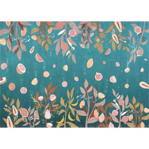 Komar Vliesfototapete Reve de fruits mit Früchte- und Pflanzenmuster auf blauem Hintergrund.