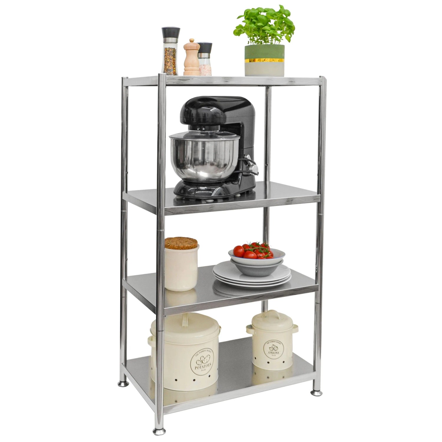 shelfr Edelstahl Schwerlastregal bis 60 kg auf 4 Ebenen 61 x 36 x 113 cm