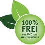Symbol: „100 % frei von PVC und Weichmachern“ mit grünen Blättern.