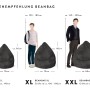 Größenvergleich: Sitting Point Sitzsack Brava BeanBag in verschiedenen Größen (L, XL, XXL) mit Größenangaben.
