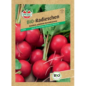 Samenpackung Sperli Bio-Radieschen: Leuchtend rote, runde Radieschen mit grünen Blättern.