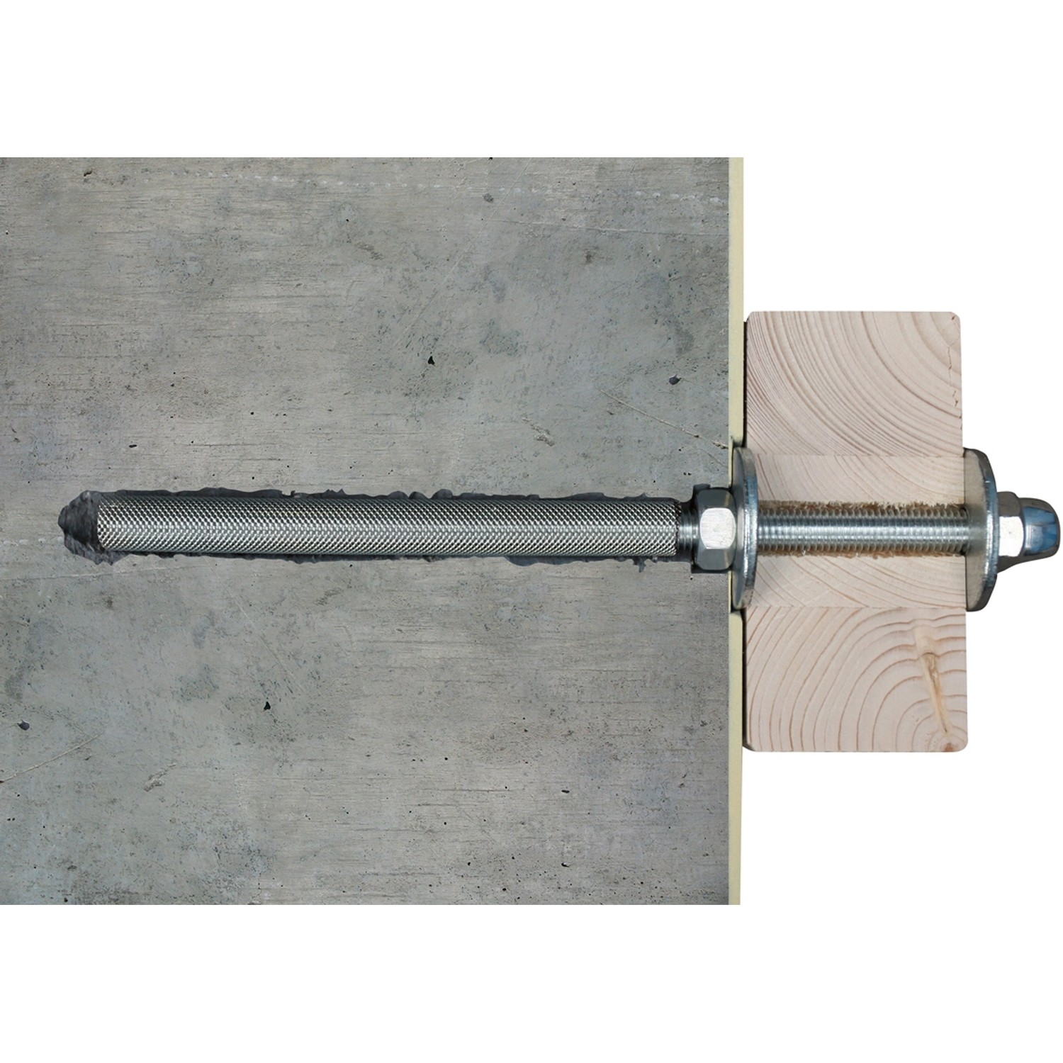 Skan Holz Wandbefestigungsset Größe 2 für Terrassenüberdachungen, bestehend aus Gewindestangen, Muttern und Unterlegscheiben.