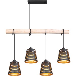 Globo Hängeleuchte ABLONA, schwarz matt, naturfarbenes Holz, 4-flammig.