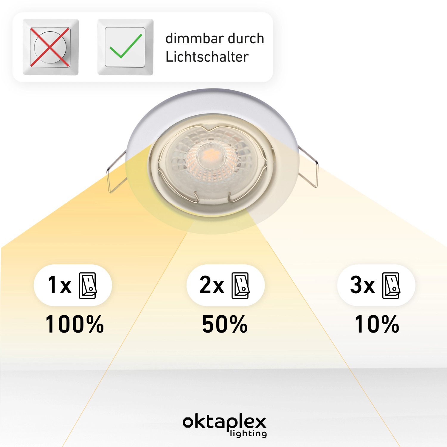 Oktaplex Dijon Einbaustrahler 3er Set, dimmbar per Lichtschalter. LED Spot in Weiß mit 3 Dimmstufen.