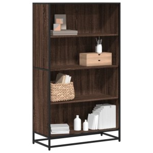 Modernes Bücherregal in Braun Eichen-Optik mit schwarzem Metallrahmen und 4 offenen Fächern für Stauraum.