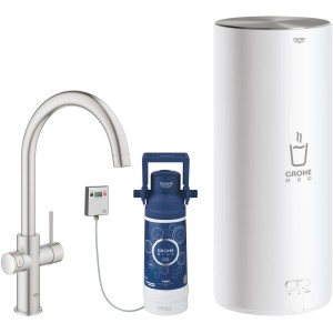 Grohe Red Duo: Einhebelmischer mit C-Auslauf, Boiler und Filter-Set in Supersteel Optik.