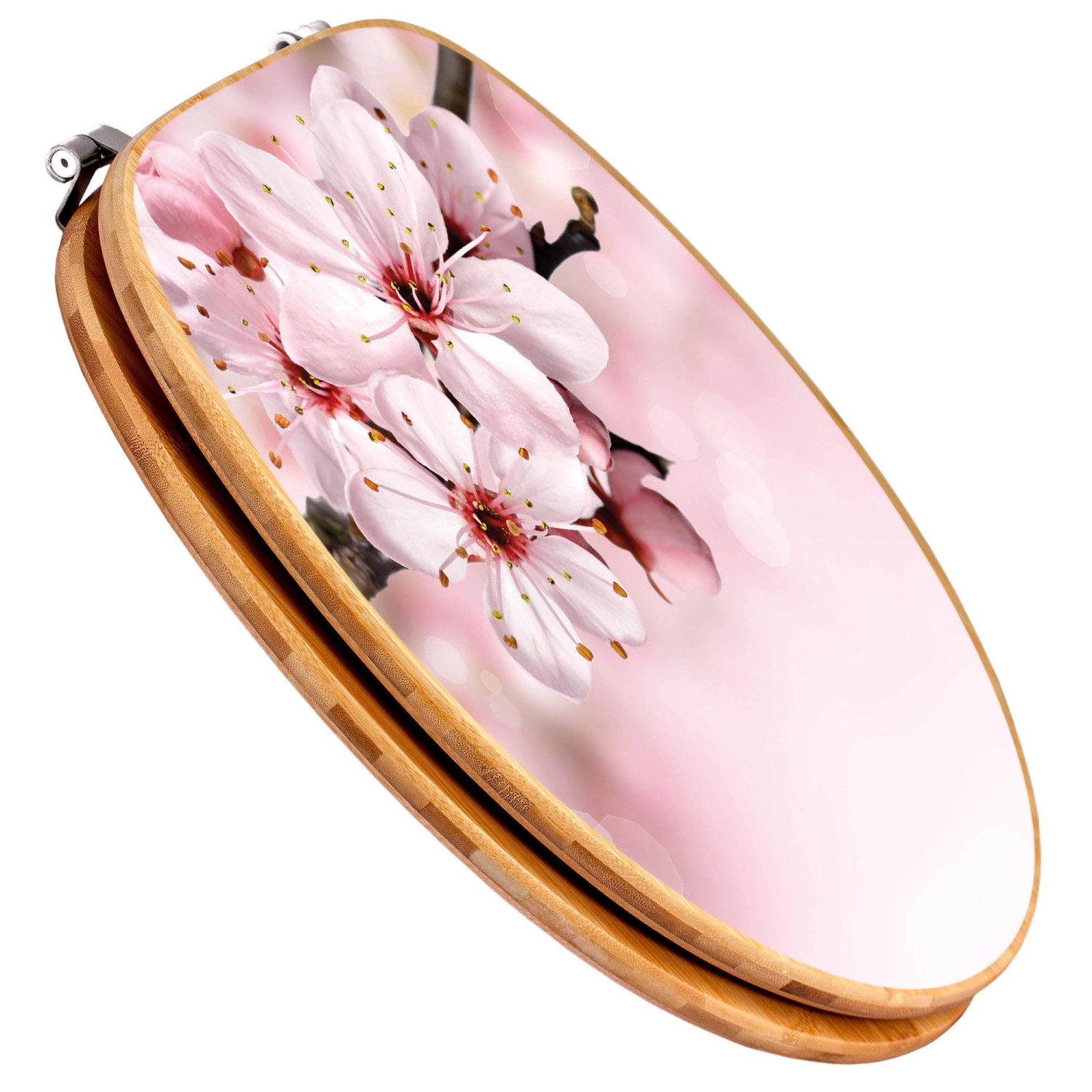 Banjado WC-Sitz aus Bambus mit Kirschblüten-Motiv. Holz-Klositz mit Universal-Scharnieren.