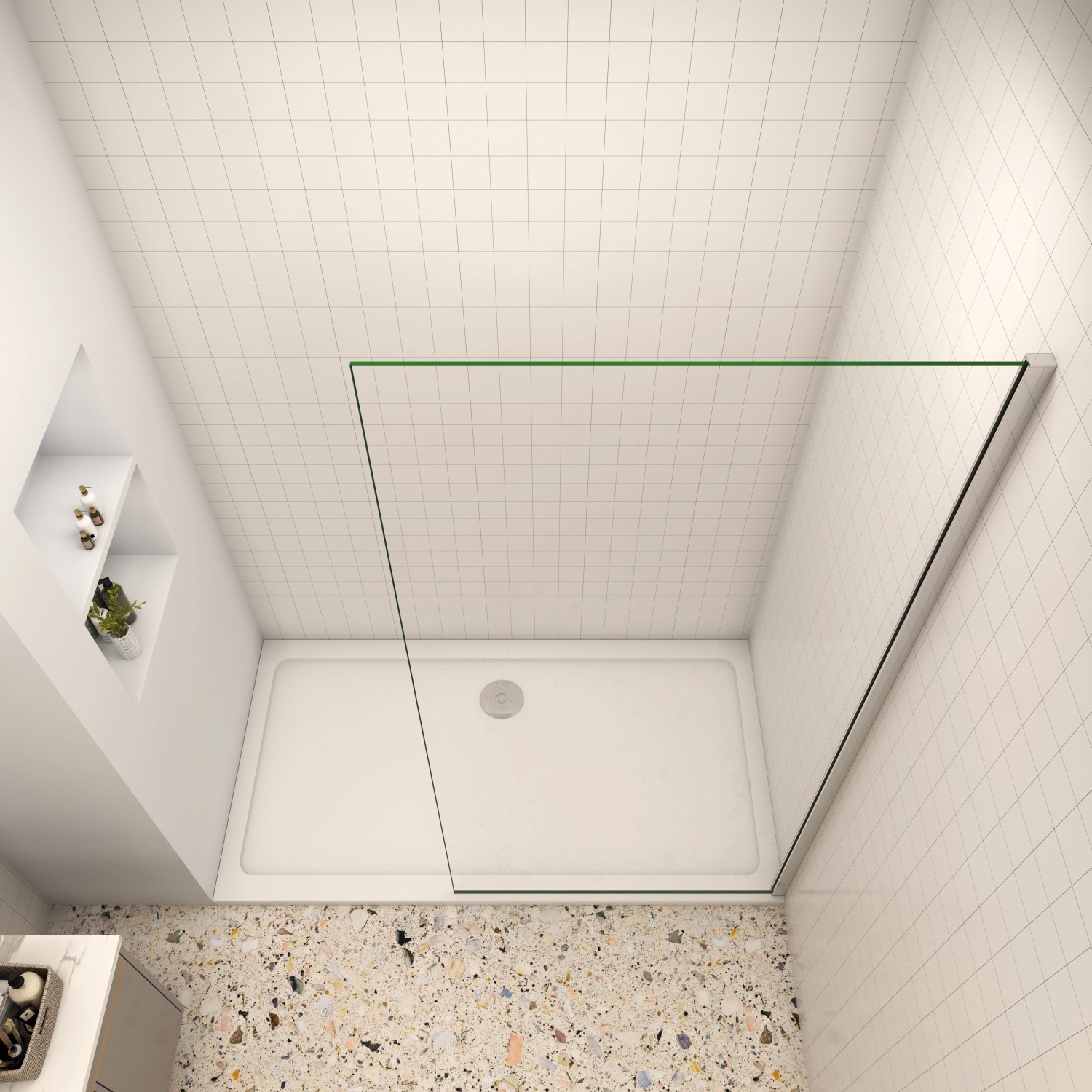 AICA Walk-In Duschkabine mit 8mm NANO Glas Duschwand und glänzendem Chromrahmen.