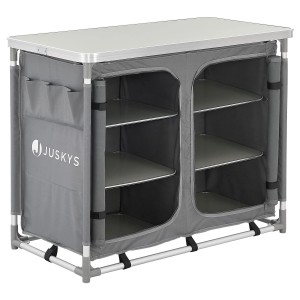 Juskys Campingküche Ruda, grau, mit Arbeitsplatte, Regalen und Tragetasche.
