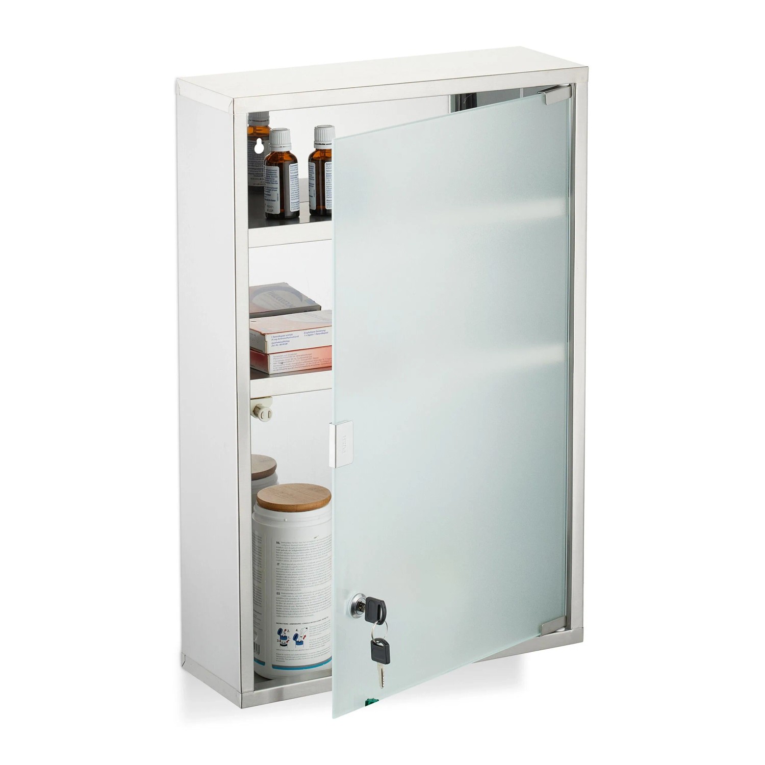 Relaxdays Medizinschrank Edelstahl Glas Silber Abschließbar 58 cm x 38 cm x 13 cm 4,3 kg