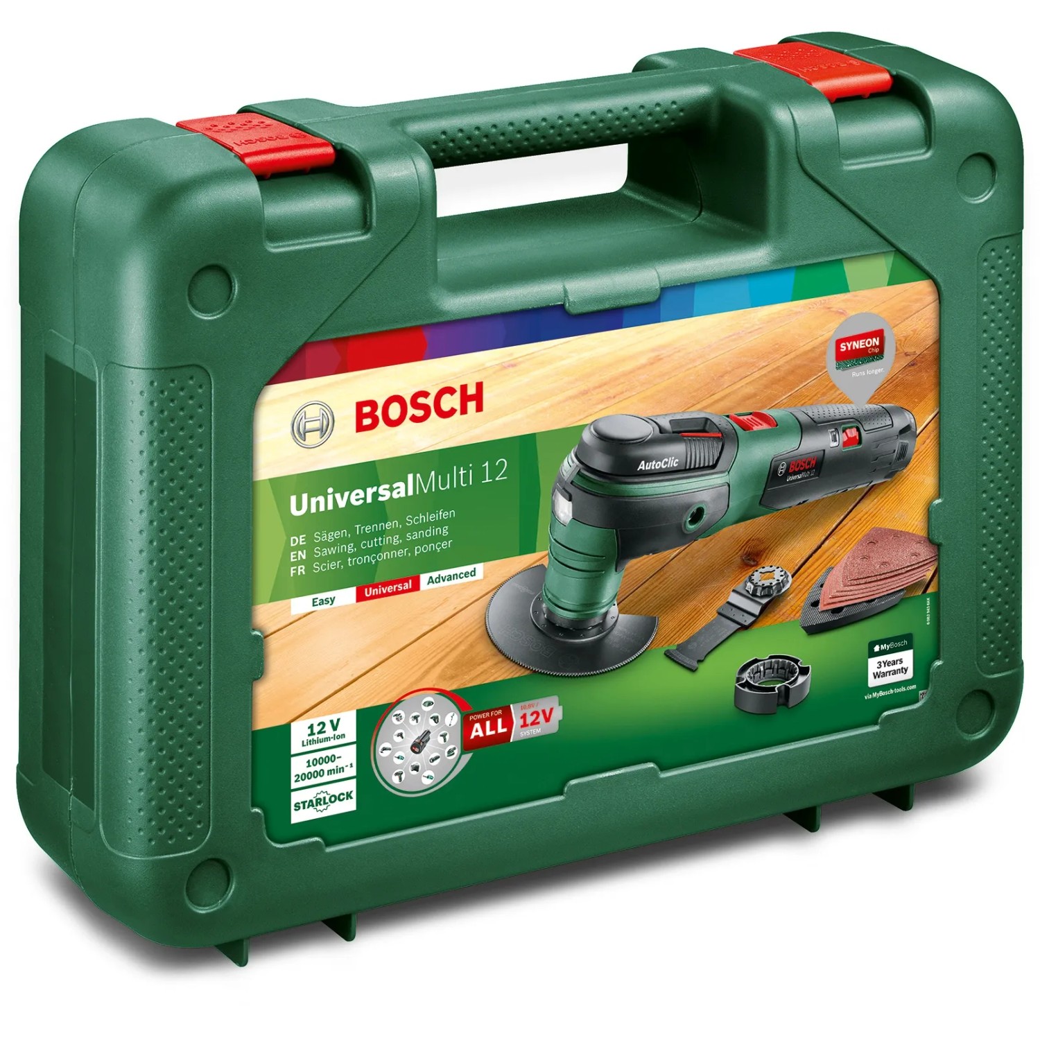 Bosch UniversalMulti 12 Akku-Multifunktionswerkzeug im grünen Koffer mit Zubehör.