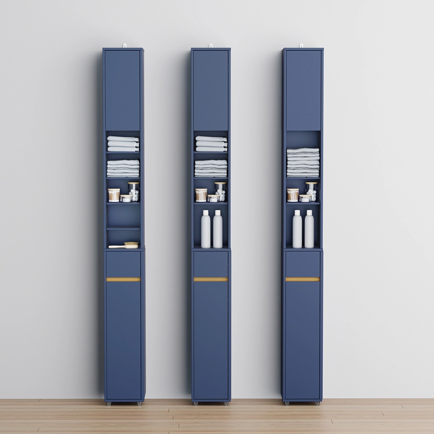 SoBuy Bad Hochschrank BZR34-II-B, blau, mit 6 Einlegeböden, ideal für kleine Bäder.