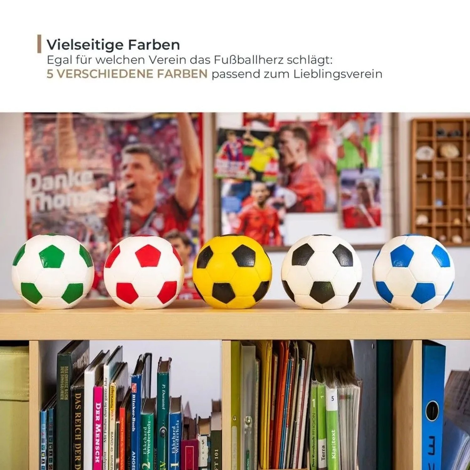 Fünf Fußball-Spardosen in Lederoptik, bunt sortiert, auf einem Holzregal. Perfekter Geschenkartikel für Fußballfans.