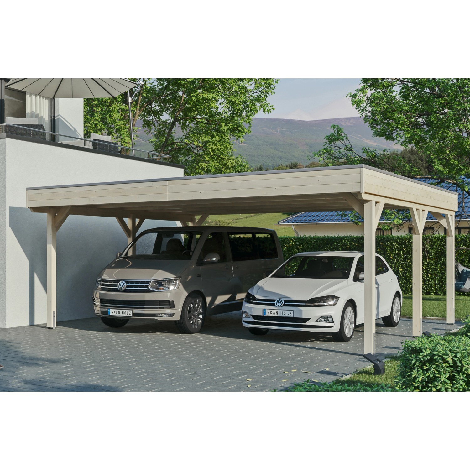 Skan Holz Carport Grunewald 622 cm x 554 cm mit Aluminiumdach Natur