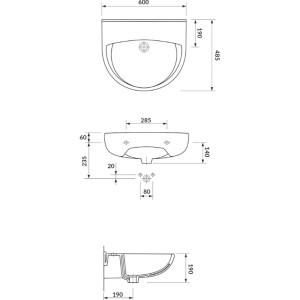 Technische Zeichnung Mito Waschtisch, 60 cm, mit Hahnloch und Überlauf, Maße und Ansichten.