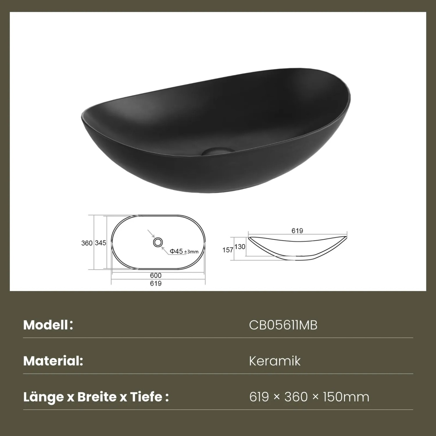 Emke Aufsatzwaschbecken, 61,5 cm, oval, aus Keramik, mattschwarz. Modernes Design für Ihr Badezimmer.